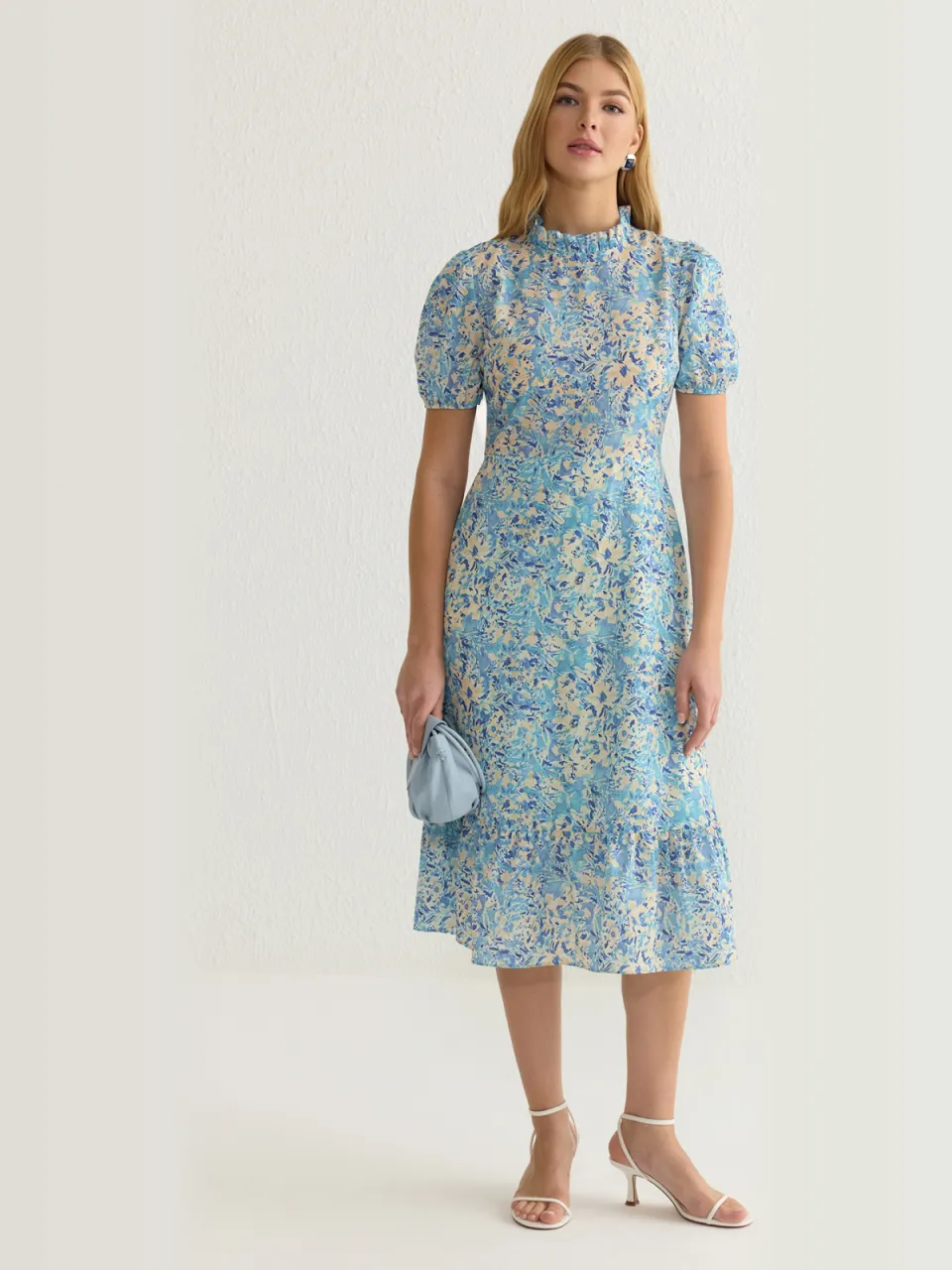 Trendyol TRENDYOLMİLLA Dames Blauw Bloemen Midi Kort Avond / Dagelijks A-lijn Jurken, foto 2