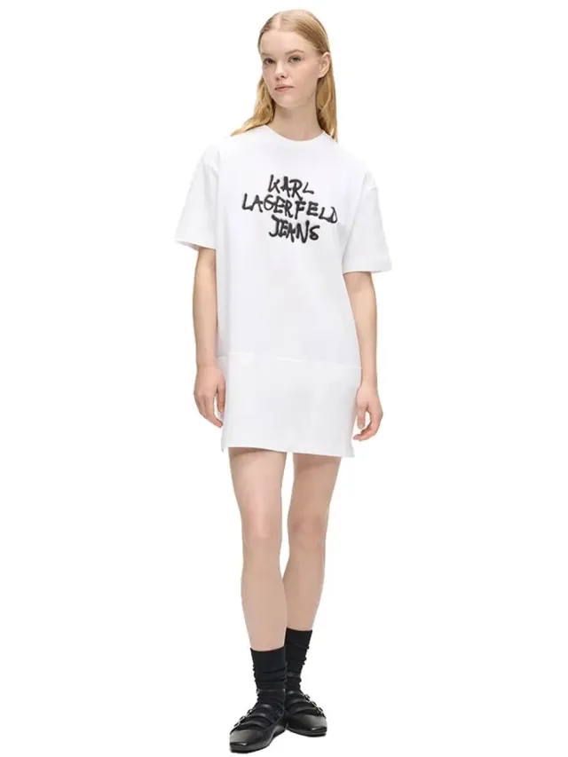 Karl Lagerfeld Jeans B1w13043 Graffiti Korte Mouwen Korte Jurk Wit L Vrouw White