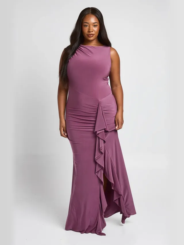 boohoo Dames Plus Zachte Touch Ruches Detail Maxi Jurk Mauve