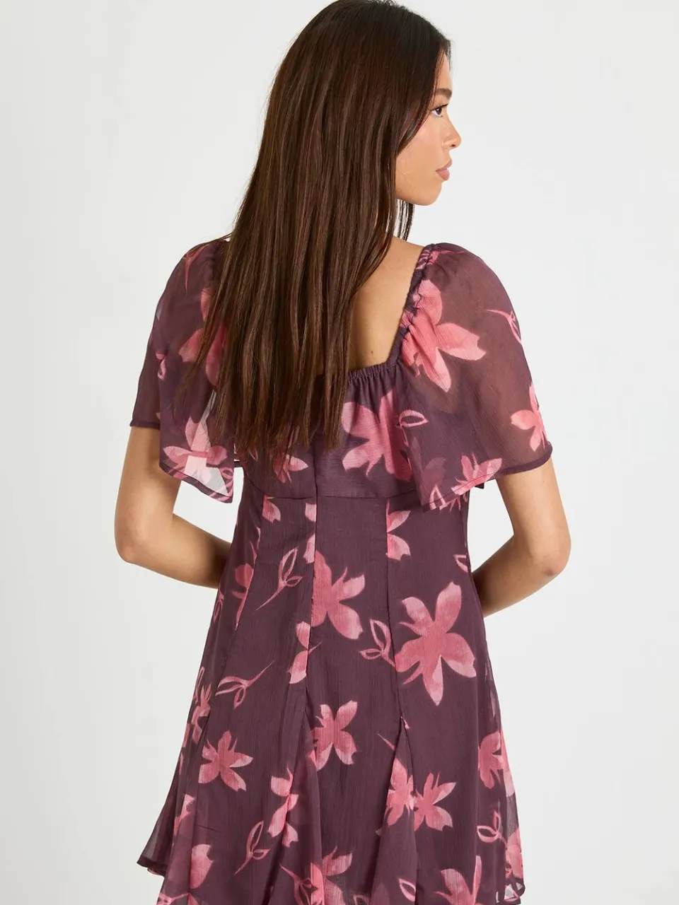 boohoo Dames Bloemrijke Chiffon Skaterjurk met Vierkante Hals bordeaux rood, foto 2