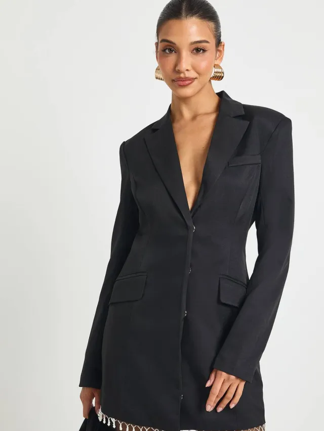 boohoo Dames Blazerjurk met parelversiering Zwart