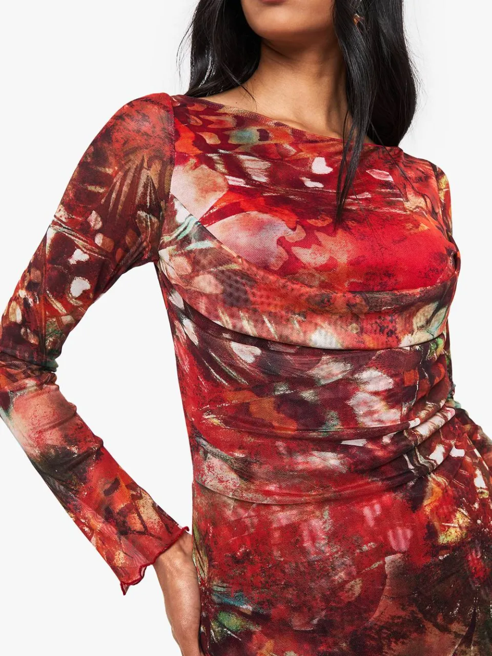 boohoo Dames Abstract Mesh Cowl Detail Mini-jurk oranje, foto 3
