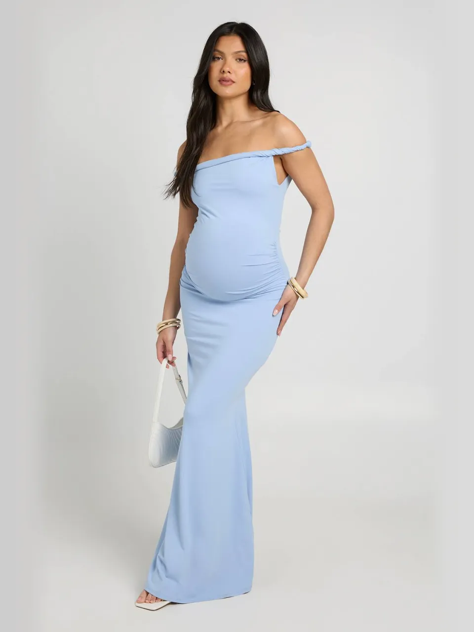 boohoo Dames Zwangerschaps Maxi Jurk Met Gedraaide Bardot Hals babyblauw, foto 3