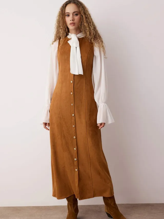 Trendyol Modest Dames Bruin Effen Maxi Mouwloos Zakelijk Recht Modest Jurken Camel