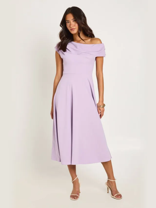 boohoo Dames Jersey Crepe Drape Schouder Midi Skater Jurk Lila