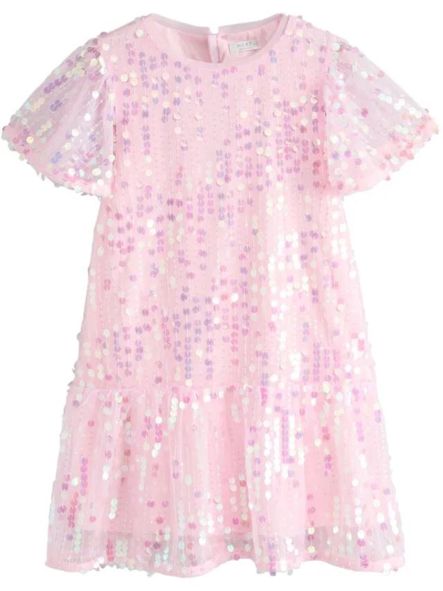Next Meisjes - Feestjurk met peplum, lovertjes en wijde mouwen - Roze Pink