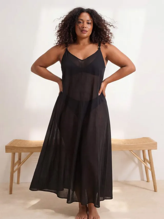 Trendyol Curve Dames Zwart Effen Maxi Mouwloos Strandkleding A-lijn Grote maten Jurk