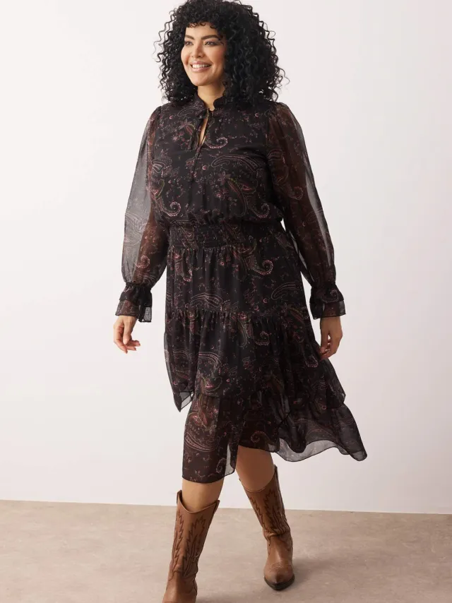 Turkishsouq Curve damesjurk met paisleyprint, midi-model, lang, geschikt voor overdag en 's avonds, skatermodel, plus size. Veelkleurig