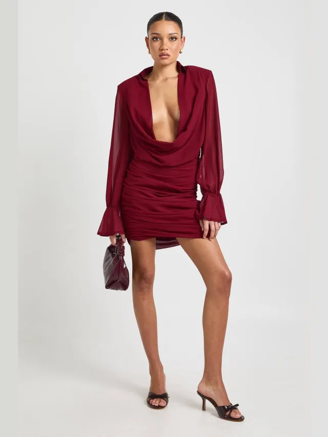 boohoo Dames Chiffon Cowl Neck Blousejurk Bordeaux Rood
