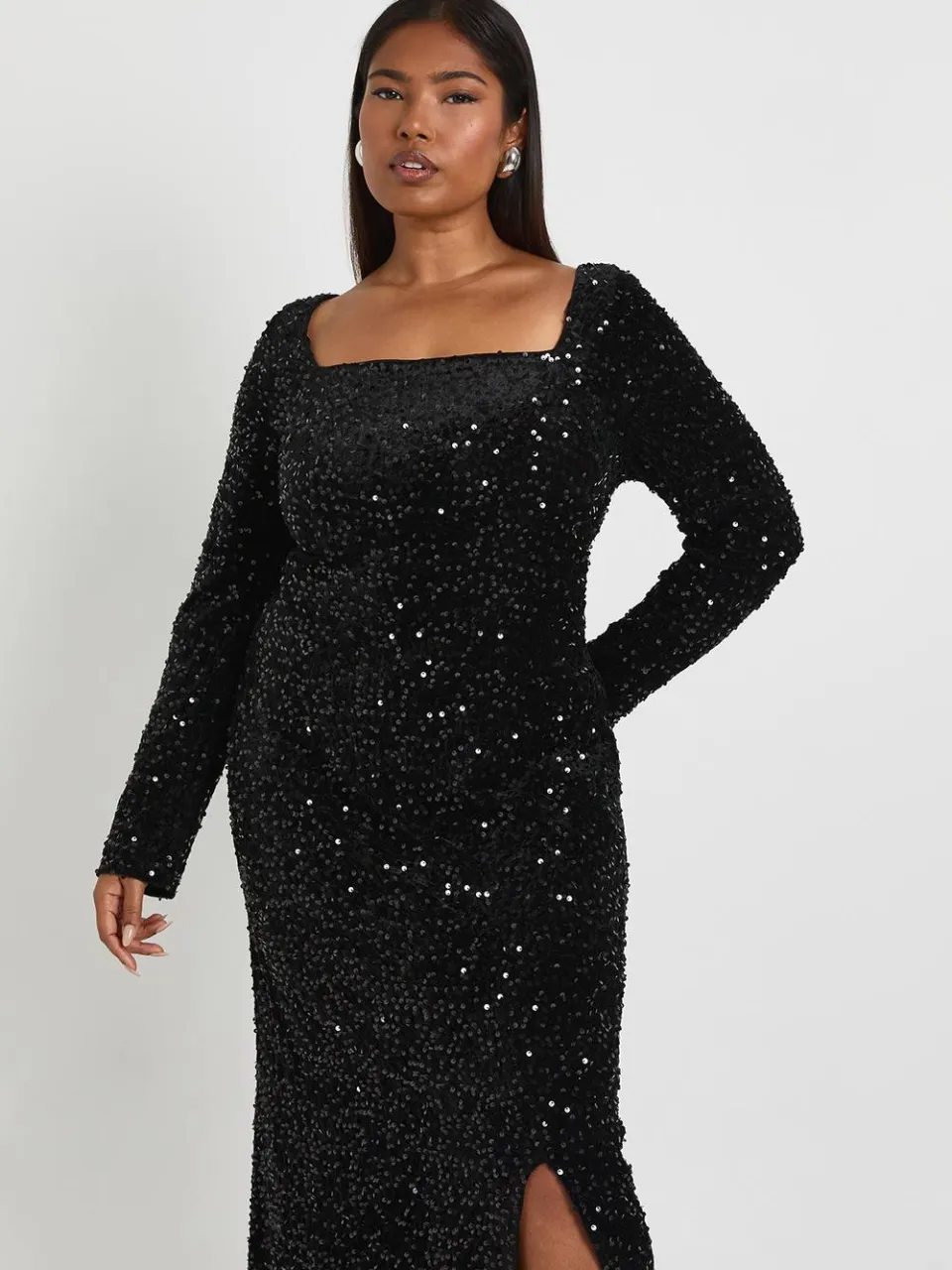 boohoo Dames Plus Jurk met vierkante hals en lange mouwen zwart, foto 3