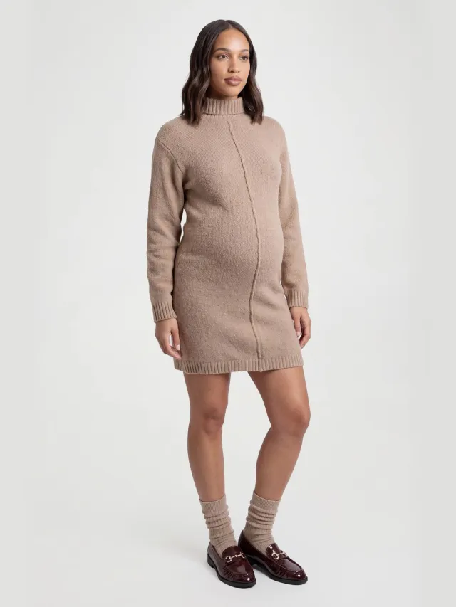 boohoo Dames Zwangerschaps Geribbelde Mini Trui-jurk Met Hoge Hals En Naaddetail Taupe