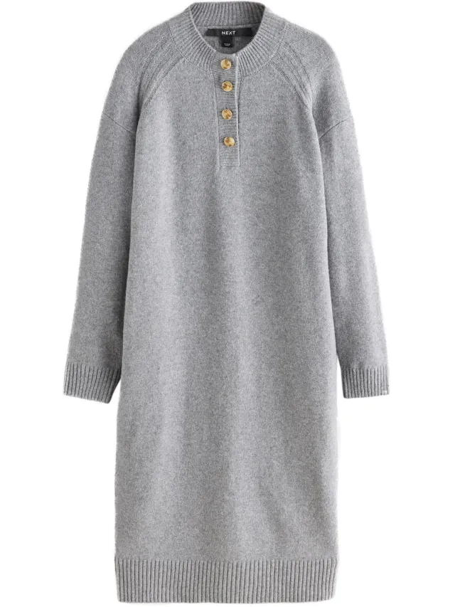 Next Dames - Superzachte gebreide jurk met lange mouwen en ronde hals - Grijs Grey