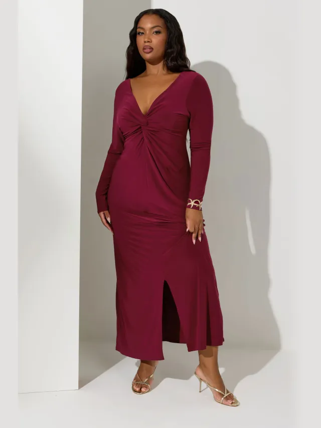 Yours London Berry Red Knot Front Maxijurk-56