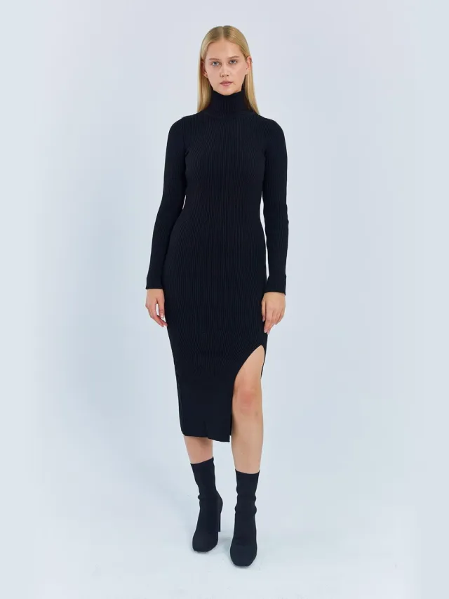 Mixray Trui Midi Brei Jurk met Split Zwart