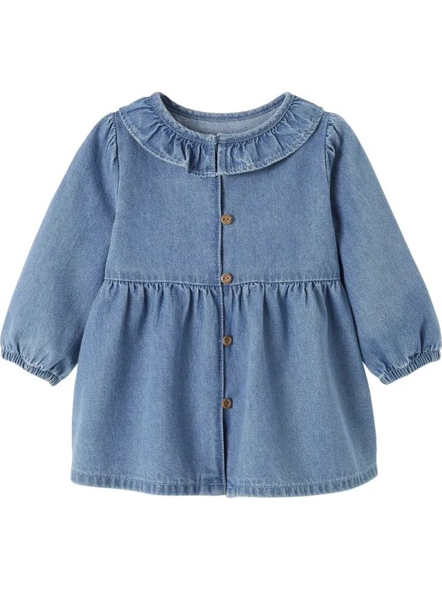 vertbaudet Denim babyjurk met kraag met ruches stone