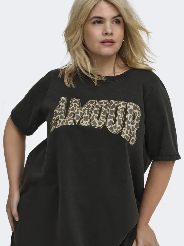 Only Carmakoma korte T-shirtjurk Plus Size met strass-steentjes en tekst - zwart, foto 4