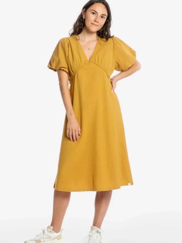 MATONA dames vegan Jurk V-Hals Honing Donkergeel