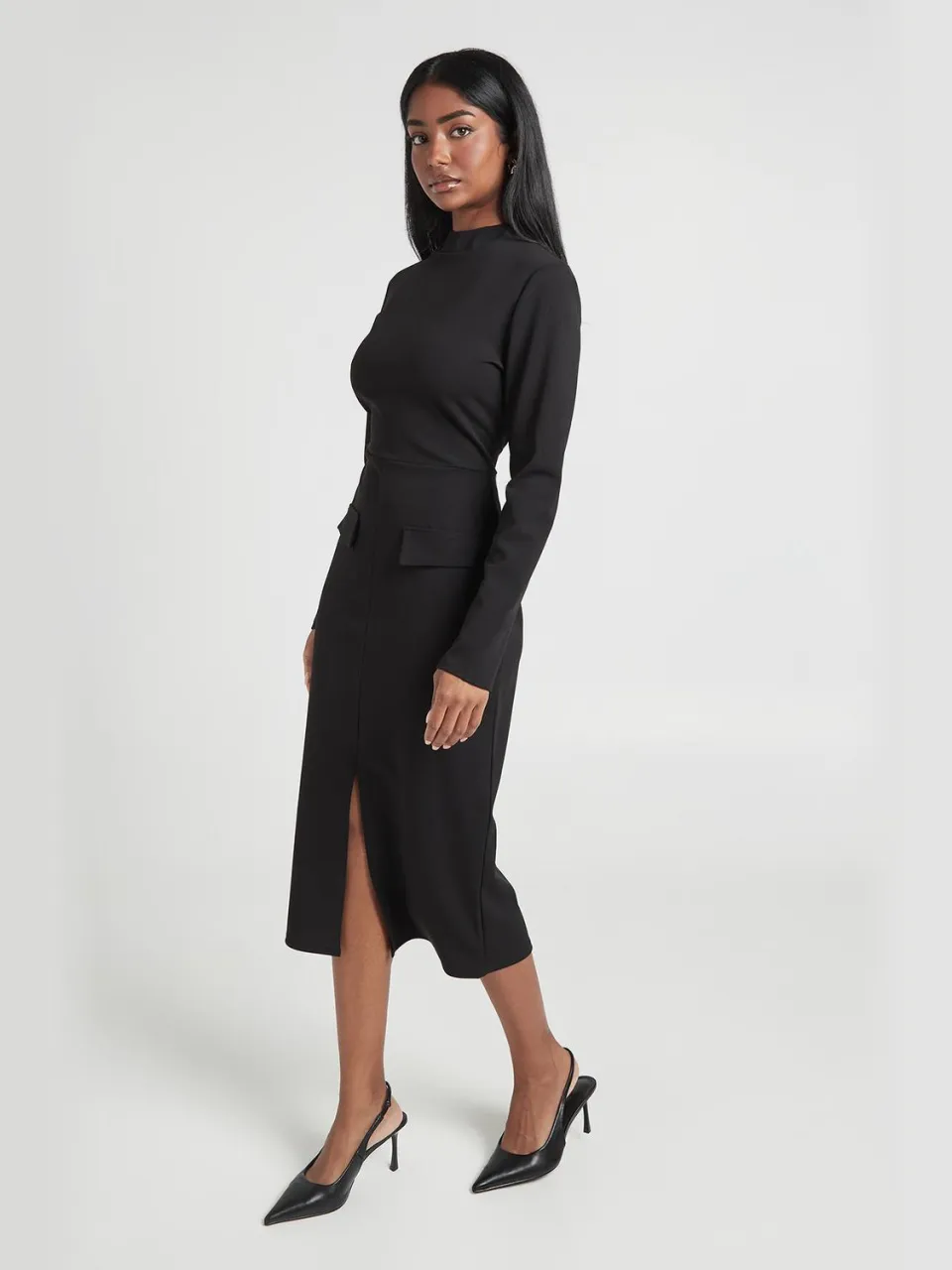 boohoo Dames Crepe Midi-jurk Met Hoge Hals, Lange Mouwen En Zakdetail zwart, foto 2