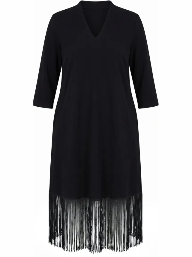 Ulla Popken Dames - Punto midi-jurk goblet kraag 3/4-mouwen afneembare franjes - Zwart - Maat 46+