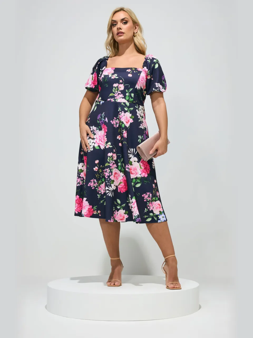 Yours London Marineblauwe Jurk Met Bloemenprint En Vierkante Hals-56 Blue