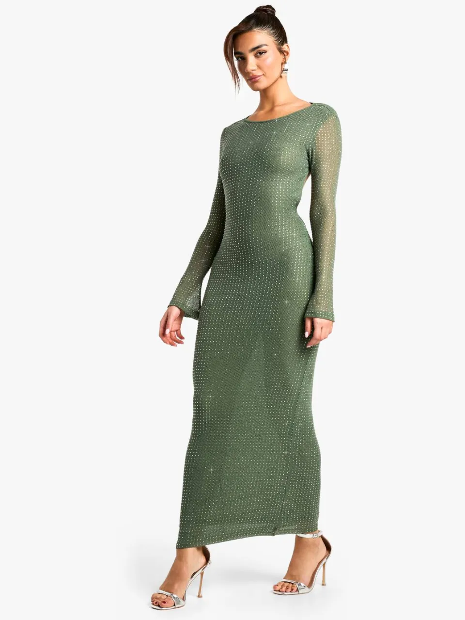 boohoo Dames Hotfix Hoge Hals Maxi Jurk Groente
