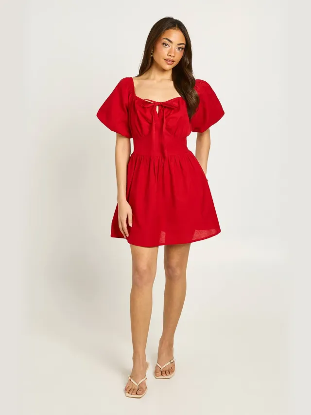 boohoo Dames Linnen-look Mini Jurk Met Volumineuze Mouwen Rood