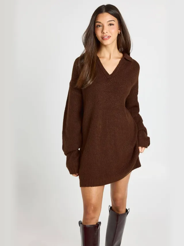 boohoo Dames Gebreide Mini-jurk Met Kraagdetail En Oversized Rugby-pasvorm Chocoladebruin