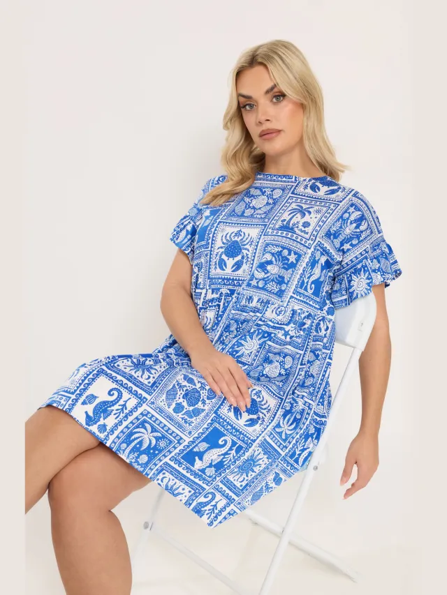 Yours Blauwe Tuniekjurk Met Gemengde Schelpenprint En Ruches Aan De Mouwen Blue