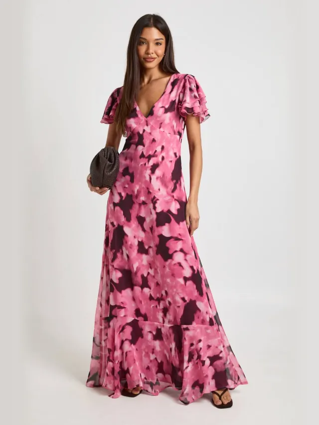 boohoo Dames Tonal Bloemenprint Gestructureerde Chiffon Maxi Jurk Schemerig Roze