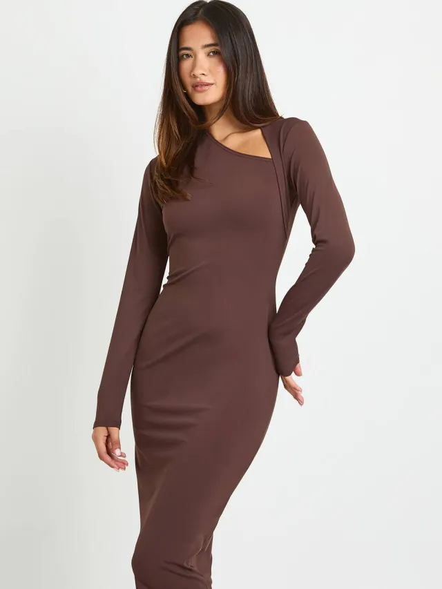 boohoo Dames Basic Midi-jurk Met Asymmetrische Halslijn Chocoladebruin