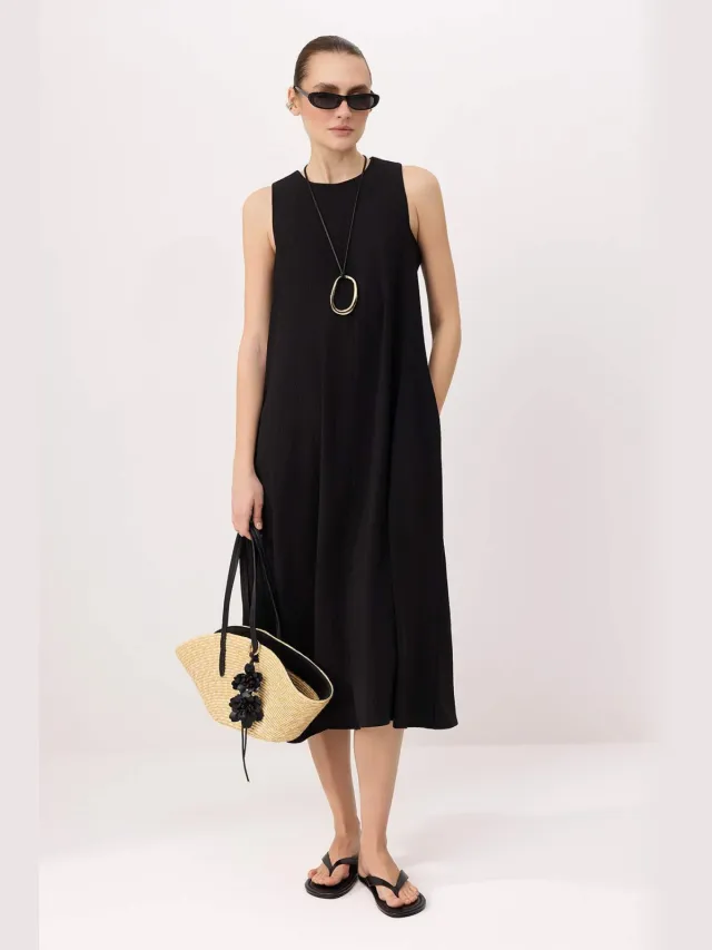 Trendyol TRENDYOLMİLLA Dames Zwart Effen Midi Mouwloos Recht Jurken