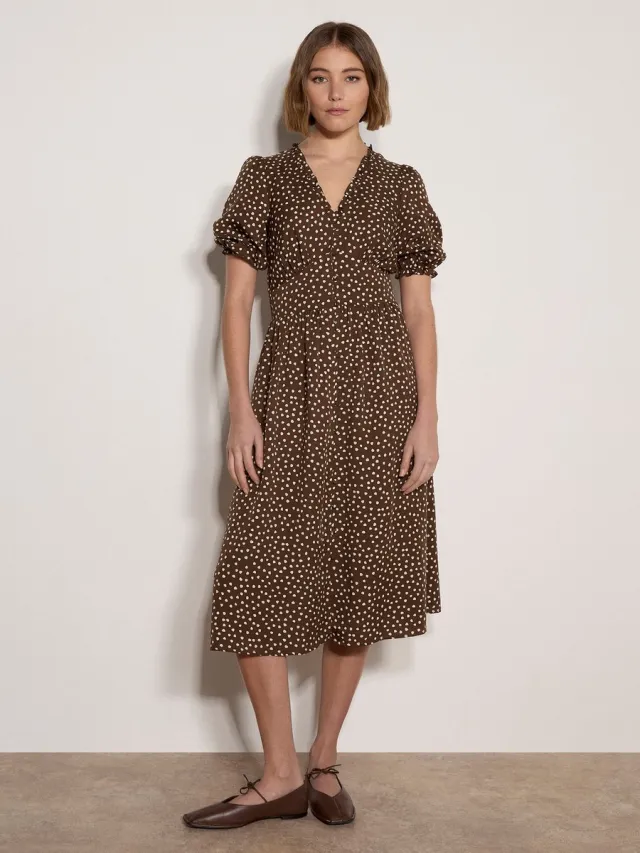 Apricot Midi-jurk met ruches en stippen bruin