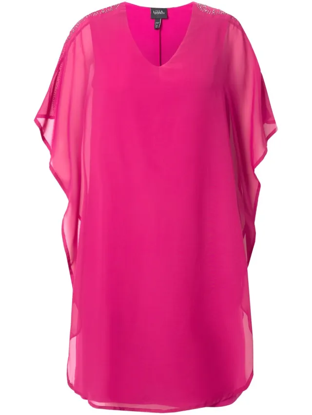 Ulla Popken Dames - Chiffon jurk dubbellaags V-hals 3/4-mouwen - Magenta - Maat 58+