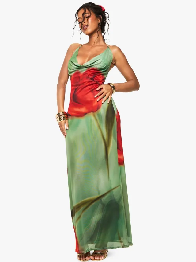boohoo Dames Maxi-jurk met mesh bloemenprint en draperende halslijn Groente