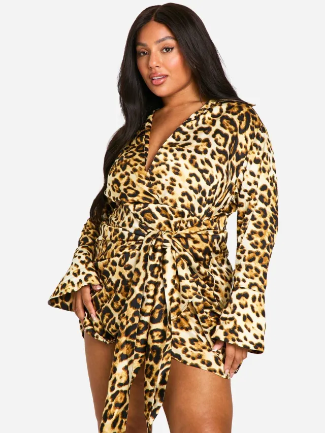 boohoo Dames Plus Luipaard Tie-Waist Shirt Wrap Jurk Luipaardprint