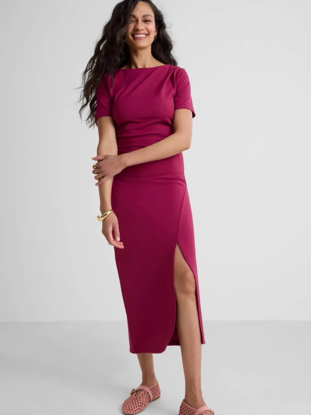 Ruby midi jurk met plooien detail wijnrood