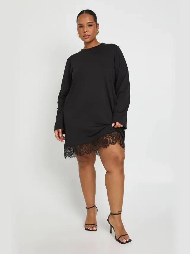 boohoo Dames Plus Lange Mouw Kanten Zoom T-shirt Jurk Zwart
