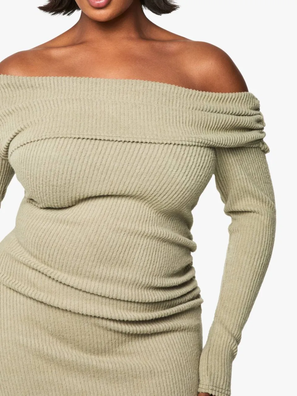 boohoo Dames Plus Soft Rib Asymmetrische Gerimpelde Bodycon Jurk licht kaki, foto 5