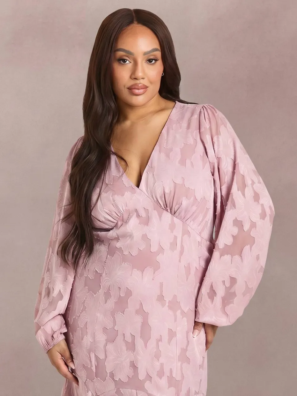 boohoo Dames Plus Burnout Bloemenprint Lange Mouw Skater Jurk roos, foto 3