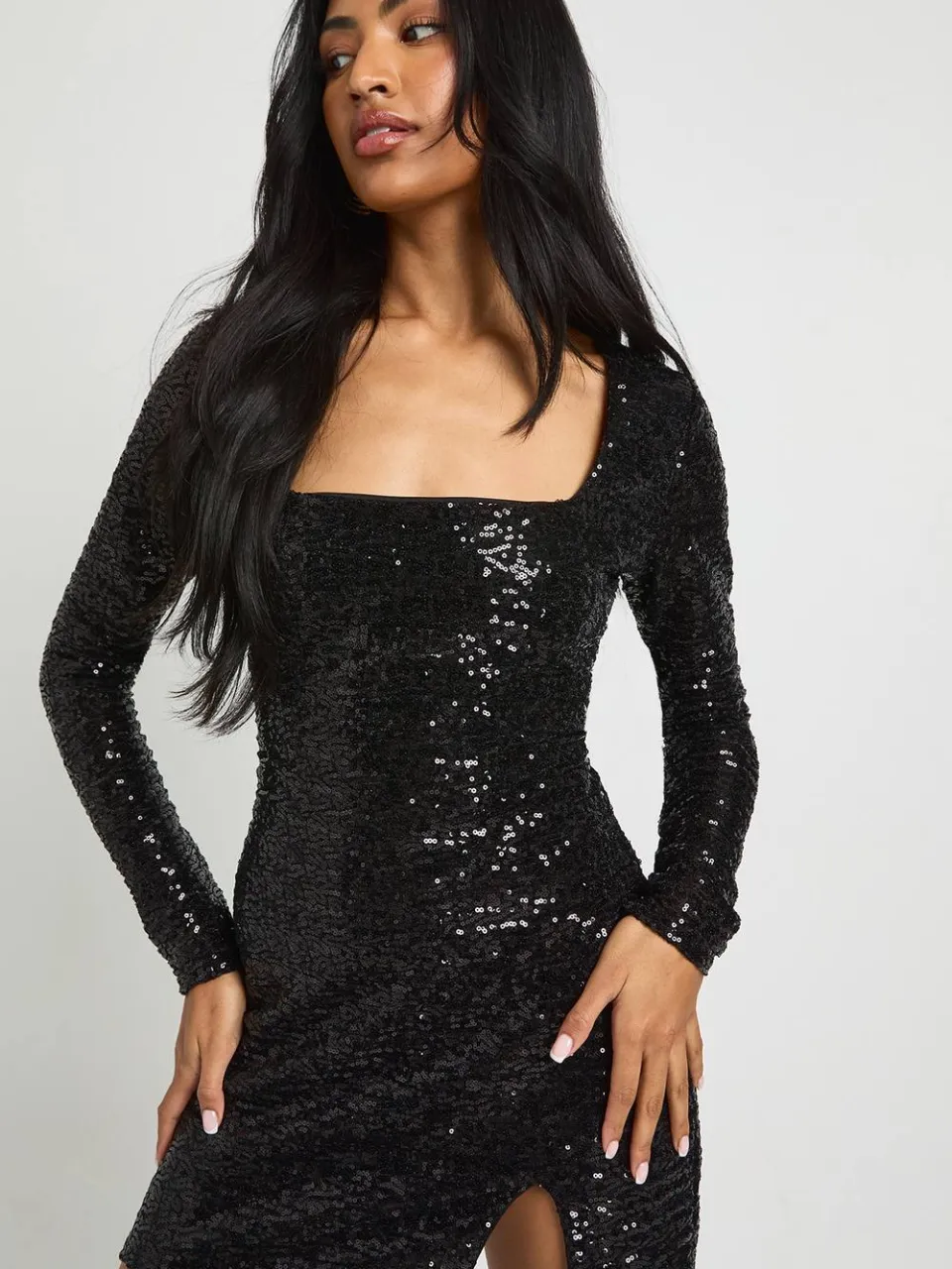 boohoo Dames Pailletten lange mouw mini-jurk zwart, foto 4