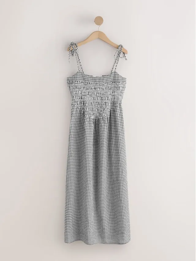 Next Dames - Midizomerjurk met gestrikte schouders - Zwart Black/White Gingham