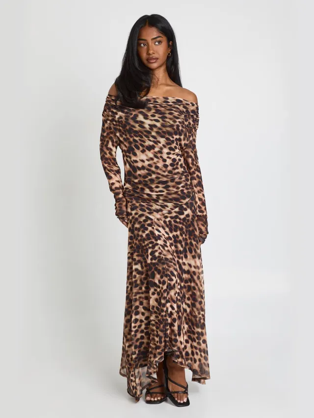 boohoo Dames Luipaard Cowl Neck Asymmetrische Zoom Midaxi Jurk Luipaardprint