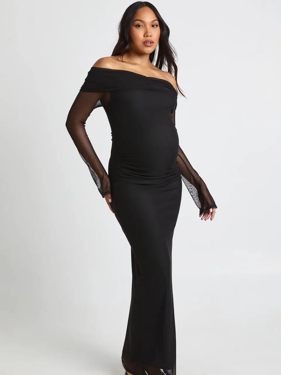 boohoo Dames Zwangerschaps Bardot Geplooide Mesh Mouw Maxi Jurk Zwart