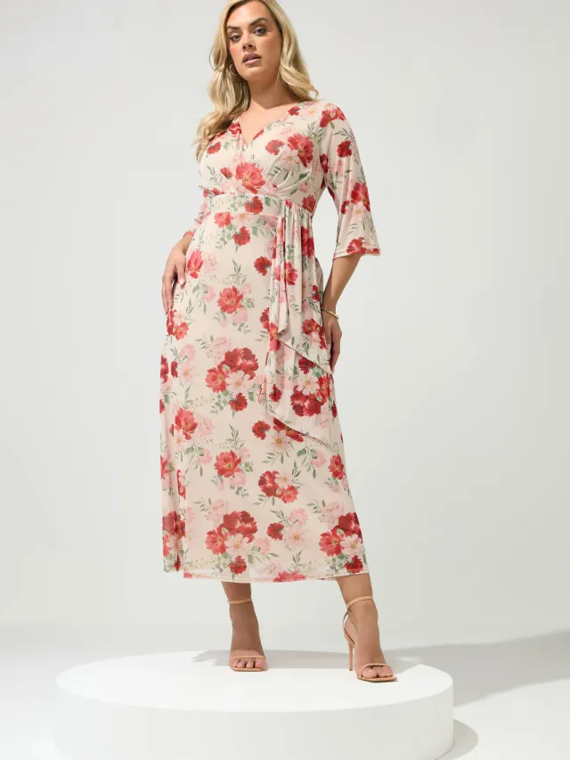 Yours London Ivoorwitte Mesh Wikkeljurk Met Bloemenprint White