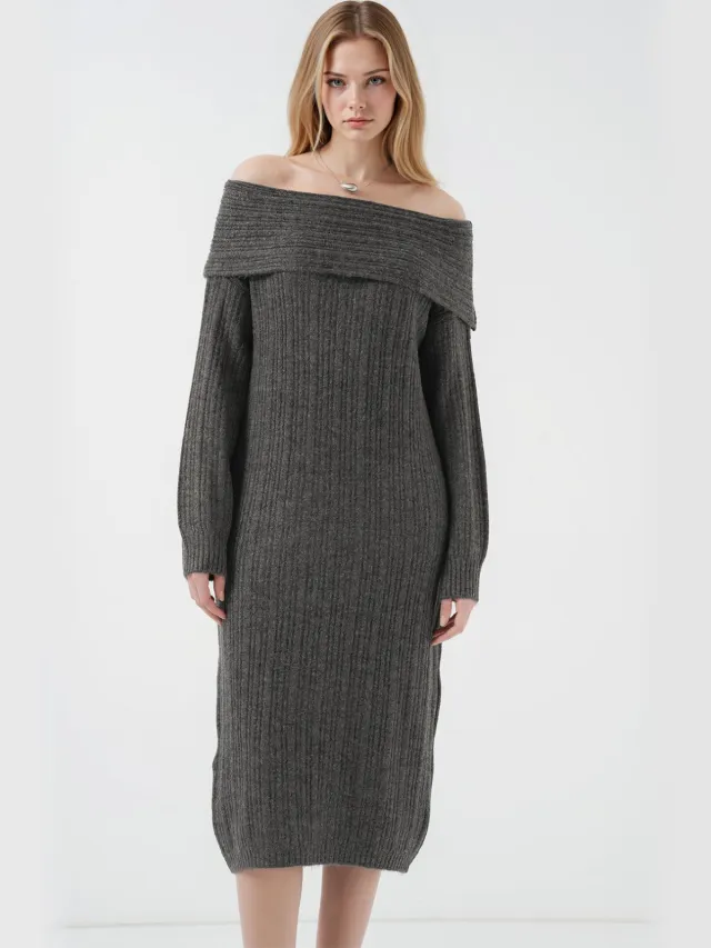 Big Dart Oversized Geribbelde Brei Midi Jurk met Madonna Kragen Antraciet