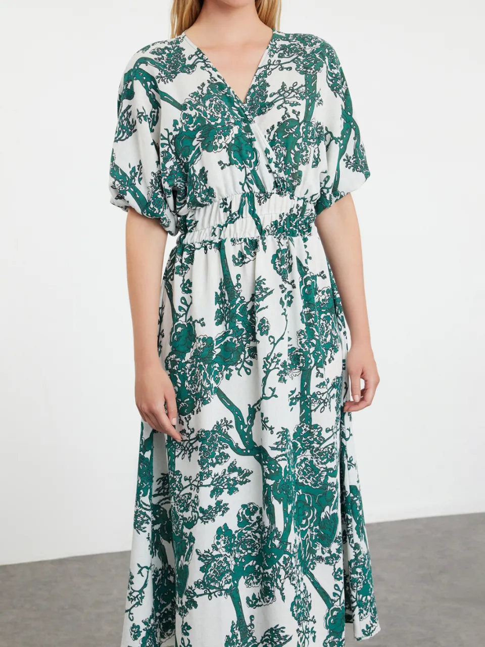 Trendyol TRENDYOLMİLLA Dames Groen Bloemen Midi Kort Avond / Dagelijks Skater Jurken, foto 2