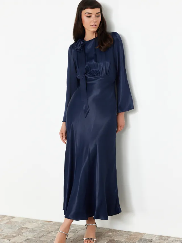 Trendyol Modest Dames Donkerblauw Effen Maxi Lang Stijlvol/Avond Zeemeermin Modest Avond Jurken Marineblauw/Blauw