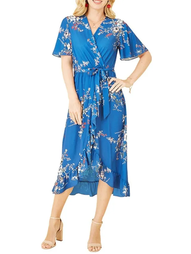 Mela London Damesjurk met bloemenprint, V-hals en golvende vouwdetails (Blauw)