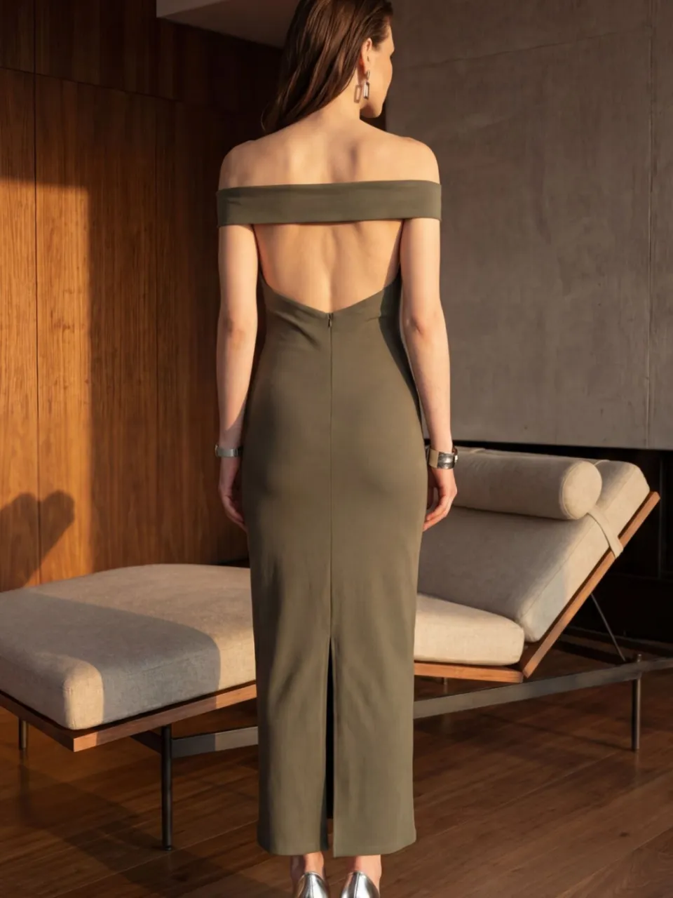MyFashion Off-shoulder bodycon maxi-jurk met split kaki, foto 2