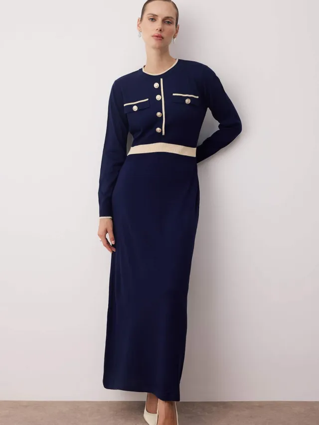 Trendyol Modest Dames Donkerblauw Colorblock Maxi Lang Casual Skater Modest Jurken Marineblauw/Blauw